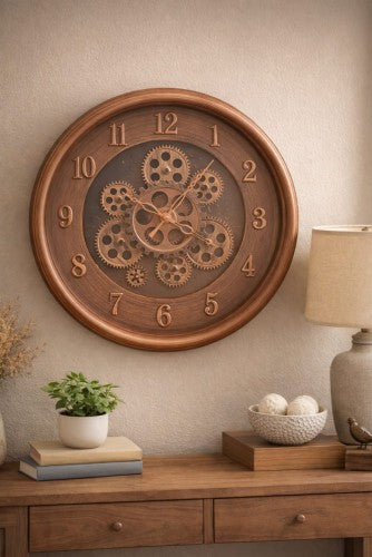 Bronze gear wall clock with exposed gear detailing