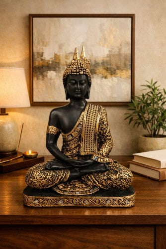 Golden Tranquility Buddha meditation statue in matte black and gold