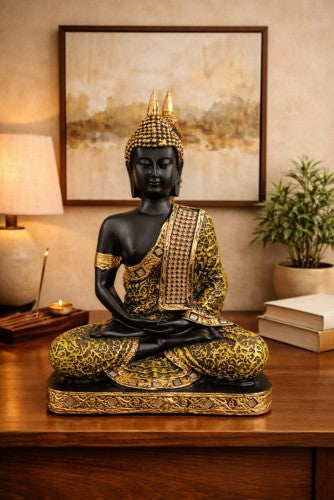 Royal Aura Buddha meditation statue in matte black and antique gold